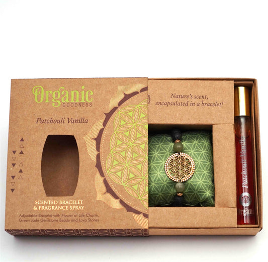 Organic Patchouli Vanilla scented bracelet and fragrance spray set in a cardboard box.