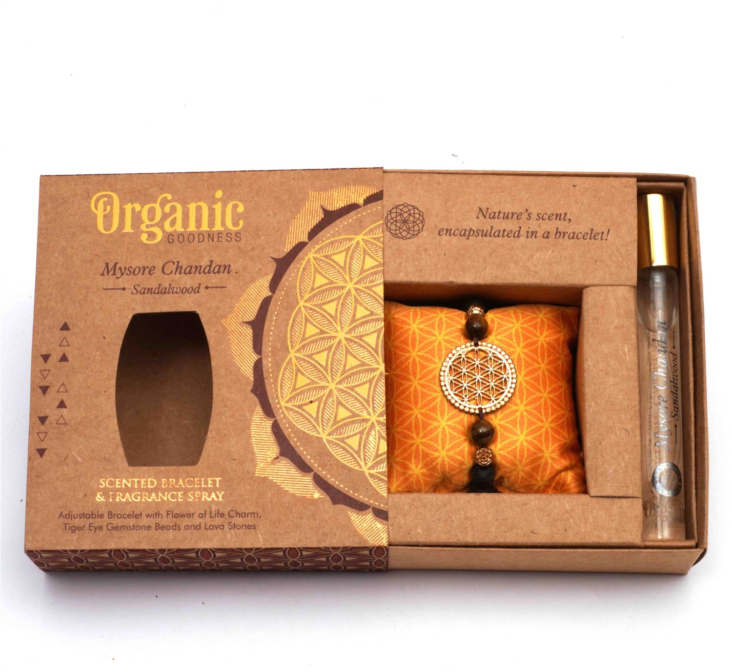Packaged set with a scented bracelet and fragrance spray labeled 'Organic Goodness' on a white background.