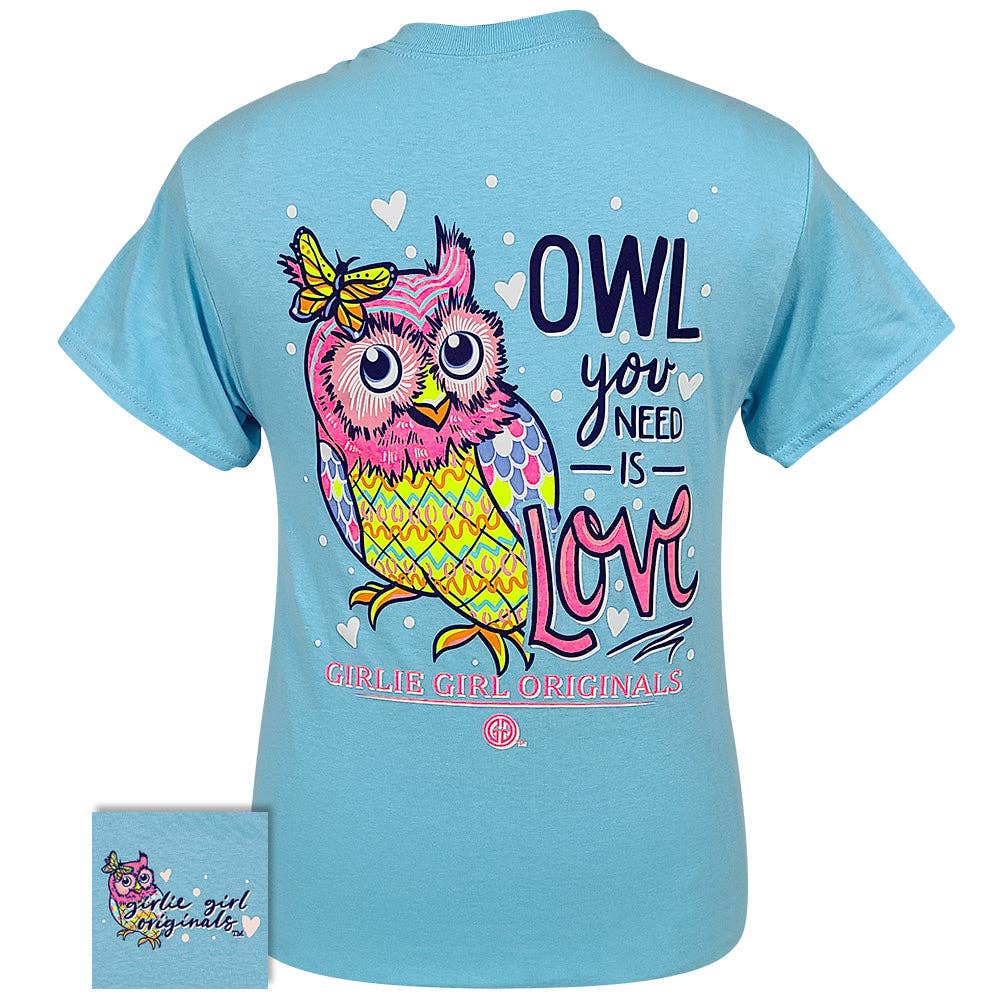 Light blue t-shirt with colorful owl design and text on the back, displayed with a matching pouch.