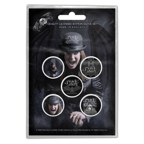 Packaged set of Ozzy Osbourne buttons with a dark background