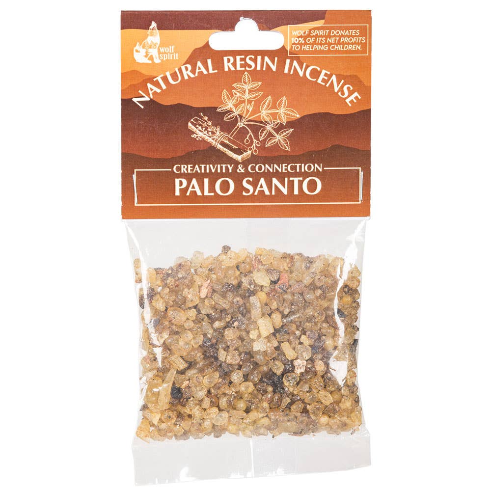 Palo Santo natural resin incense packaging with branding and product details.