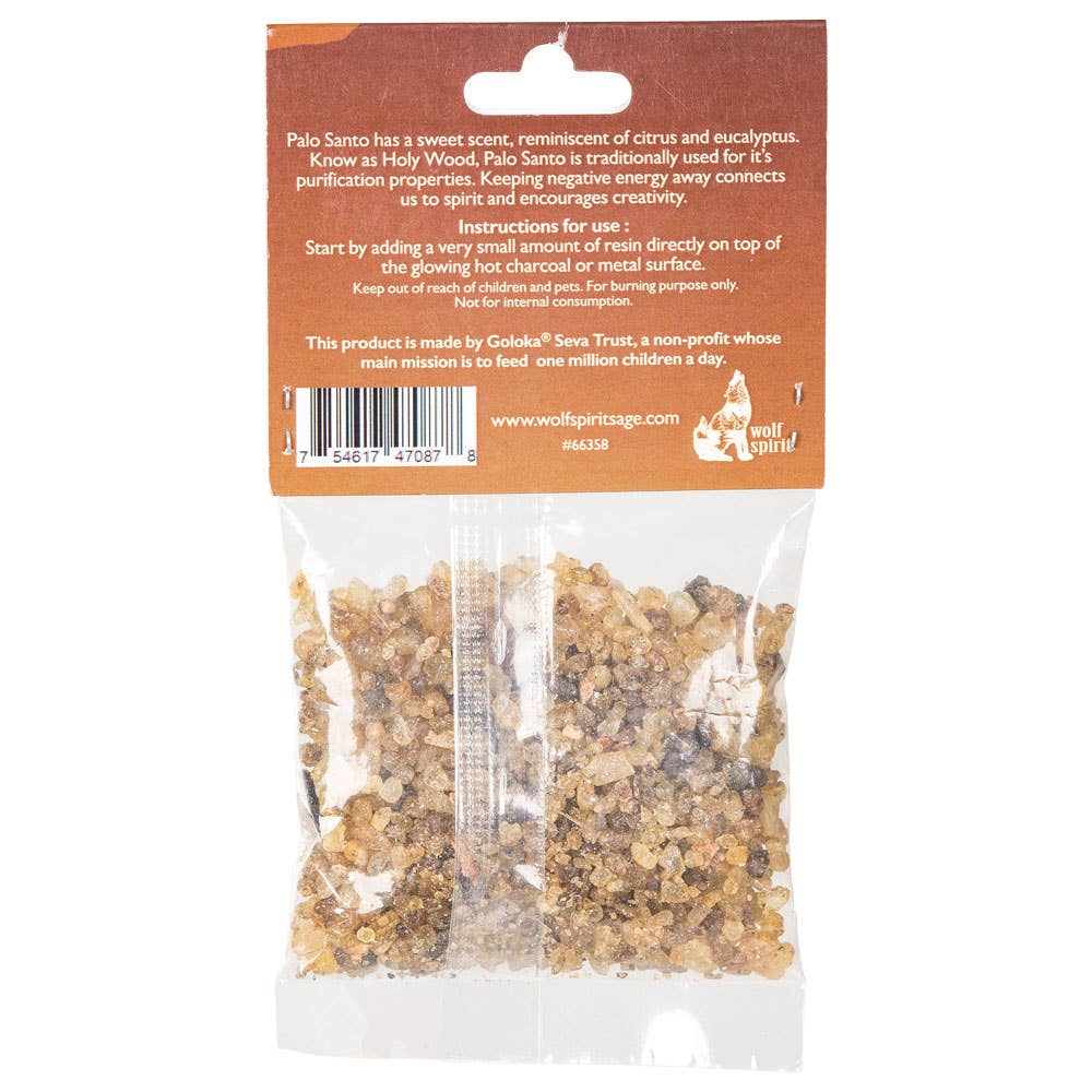 Palo Santo incense package with brown label and clear packaging on a white background