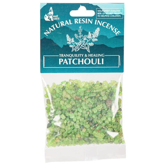 Packaged natural resin incense labeled 'Patchouli' with a blue background