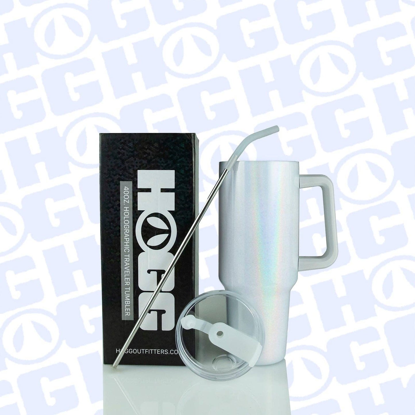 White insulated mug with handle, straw, and clear lid on a branded background