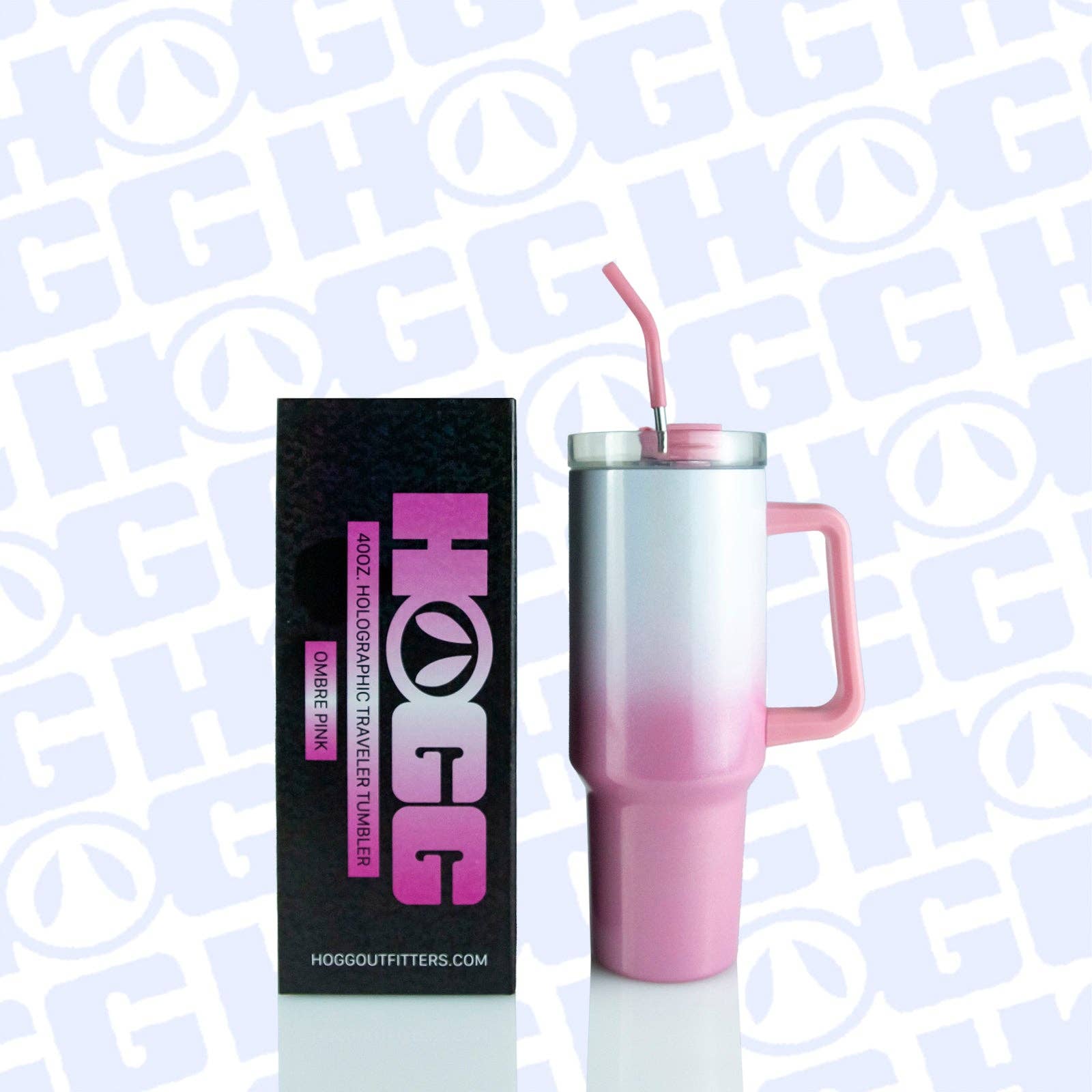 Pink and white tumbler with handle and straw on a branded background