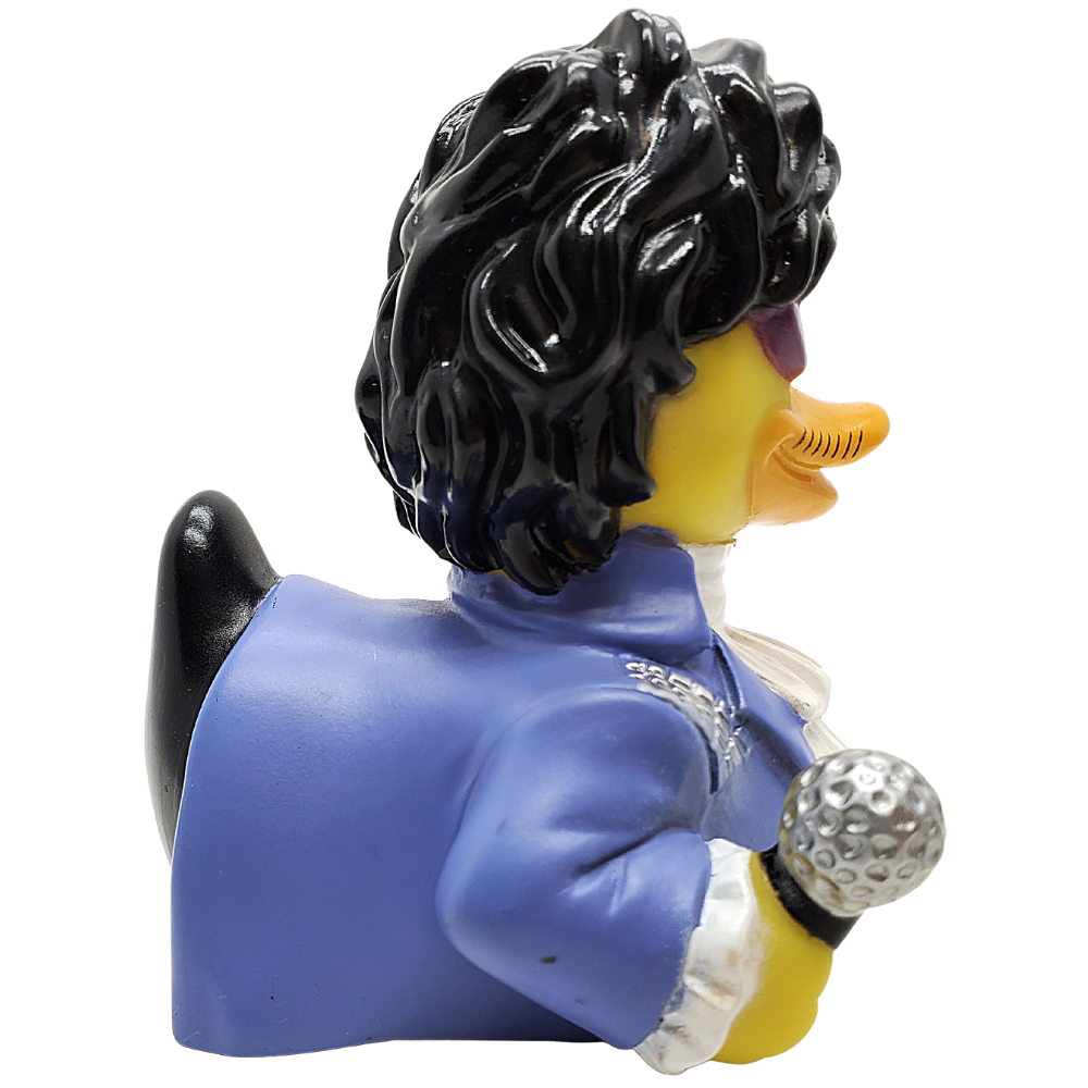 Figurine of a duck with a human-like body wearing a blue outfit and holding a golf club on a white background