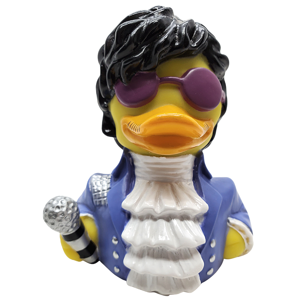 Rubber duck with rock star attire, including a microphone and purple sunglasses, on a white background.