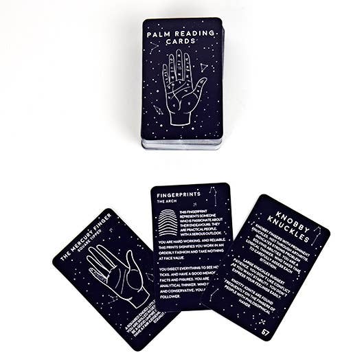 Set of palm reading cards with illustrations and text on a white background