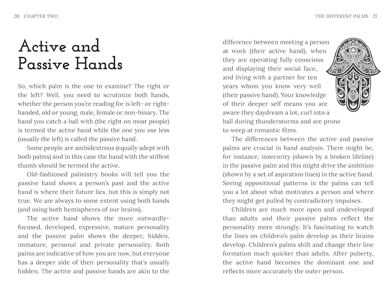 Book page with text on active and passive hands and a Hamsa hand illustration.