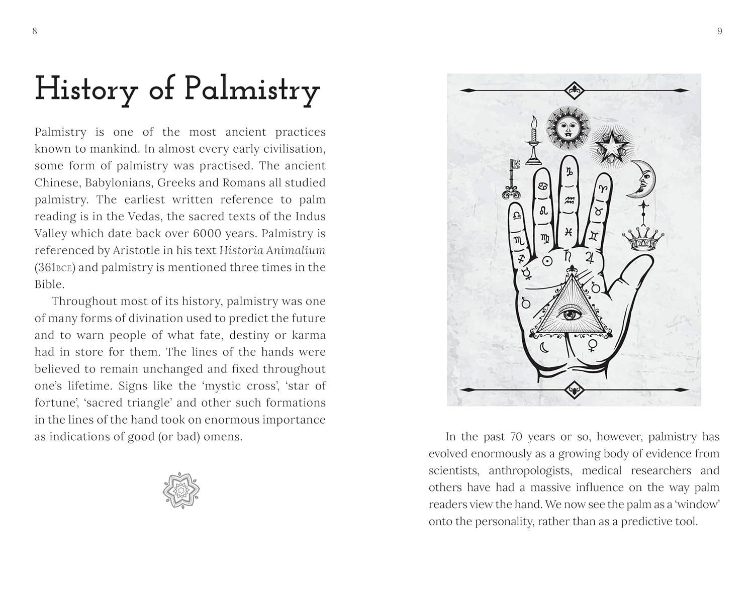 Page from a book or document about the history of palmistry with text and a diagram of a hand.