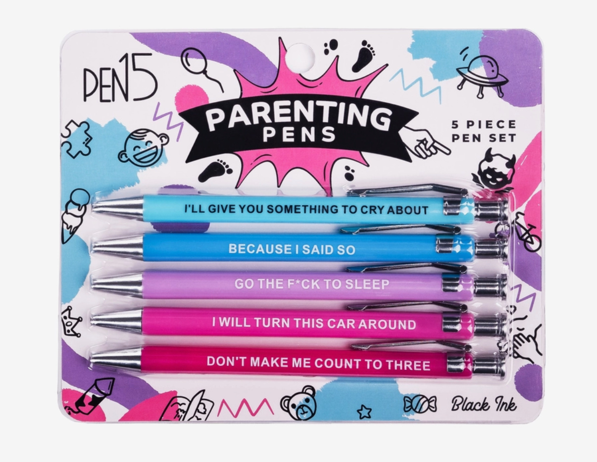 Packaged set of 'Parenting Pens' with colorful packaging and pens.
