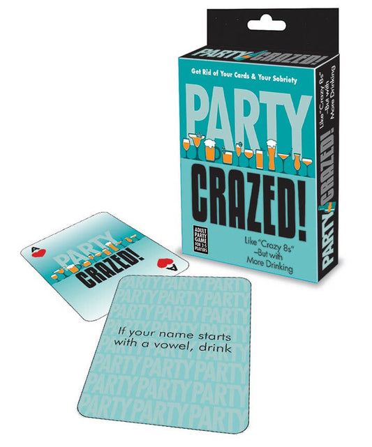Party Crazed! card game packaging with playing cards on a white background