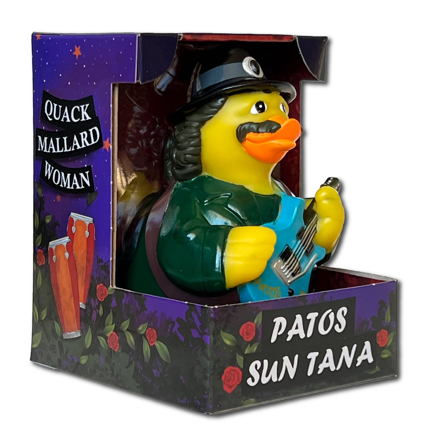 Rubber duck dressed as a musician in a box with 'Quack Mallard Woman' branding.