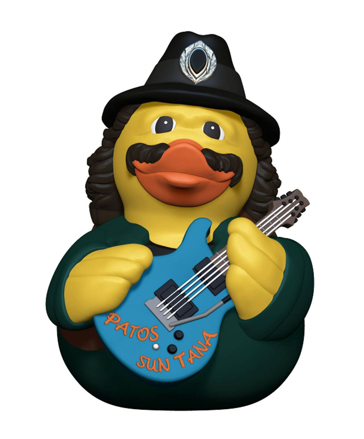 Rubber duck with a police hat and guitar, holding a blue guitar with text on a white background
