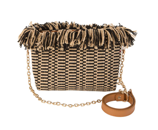 Woven handbag with fringe and chain strap on a white background