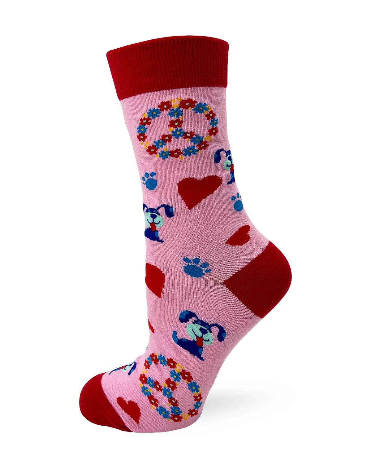Pink sock with red top and bottom, featuring peace signs, hearts, and cartoon characters on a white background.