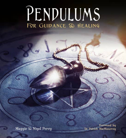 Pendulum on an astrological wheel with text 'Pendulums for Guidance & Healing' at the top.