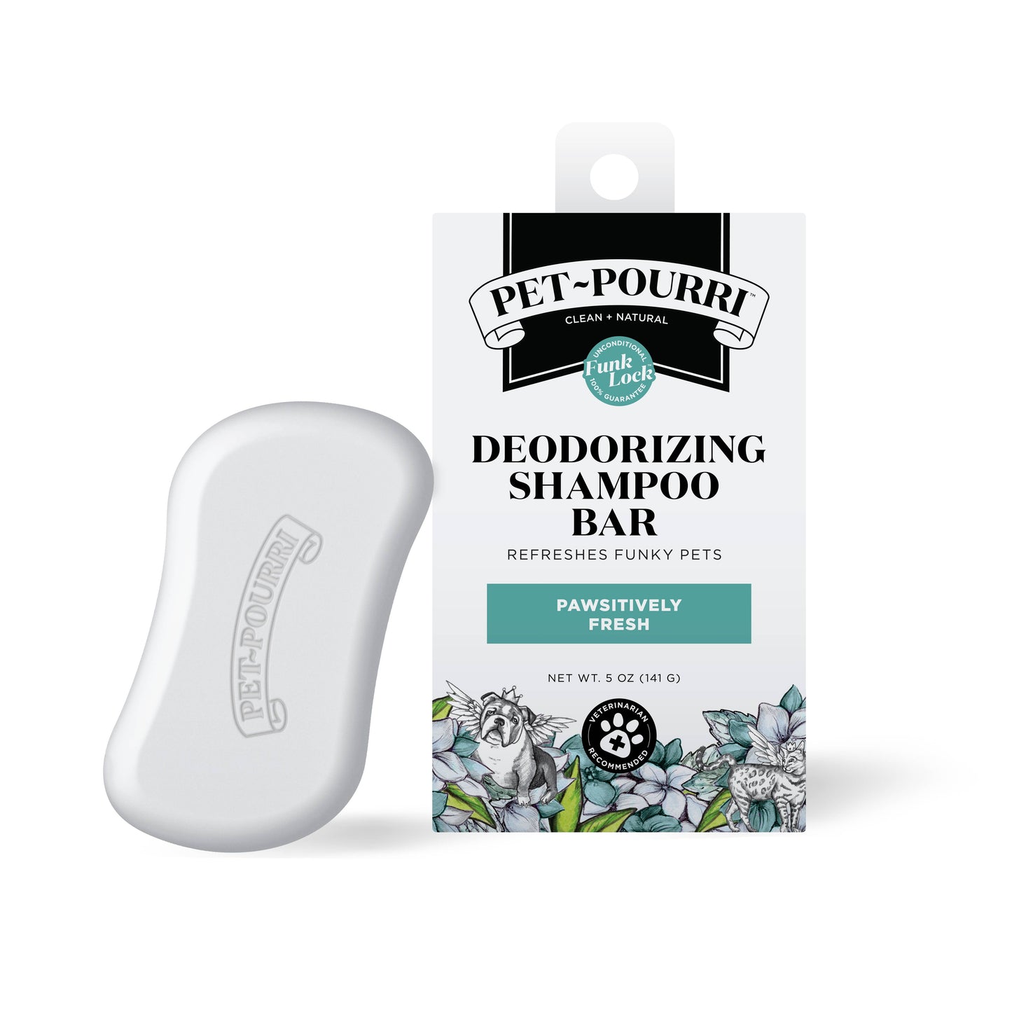 Pet-Pourri deodorizing shampoo bar with packaging on a white background