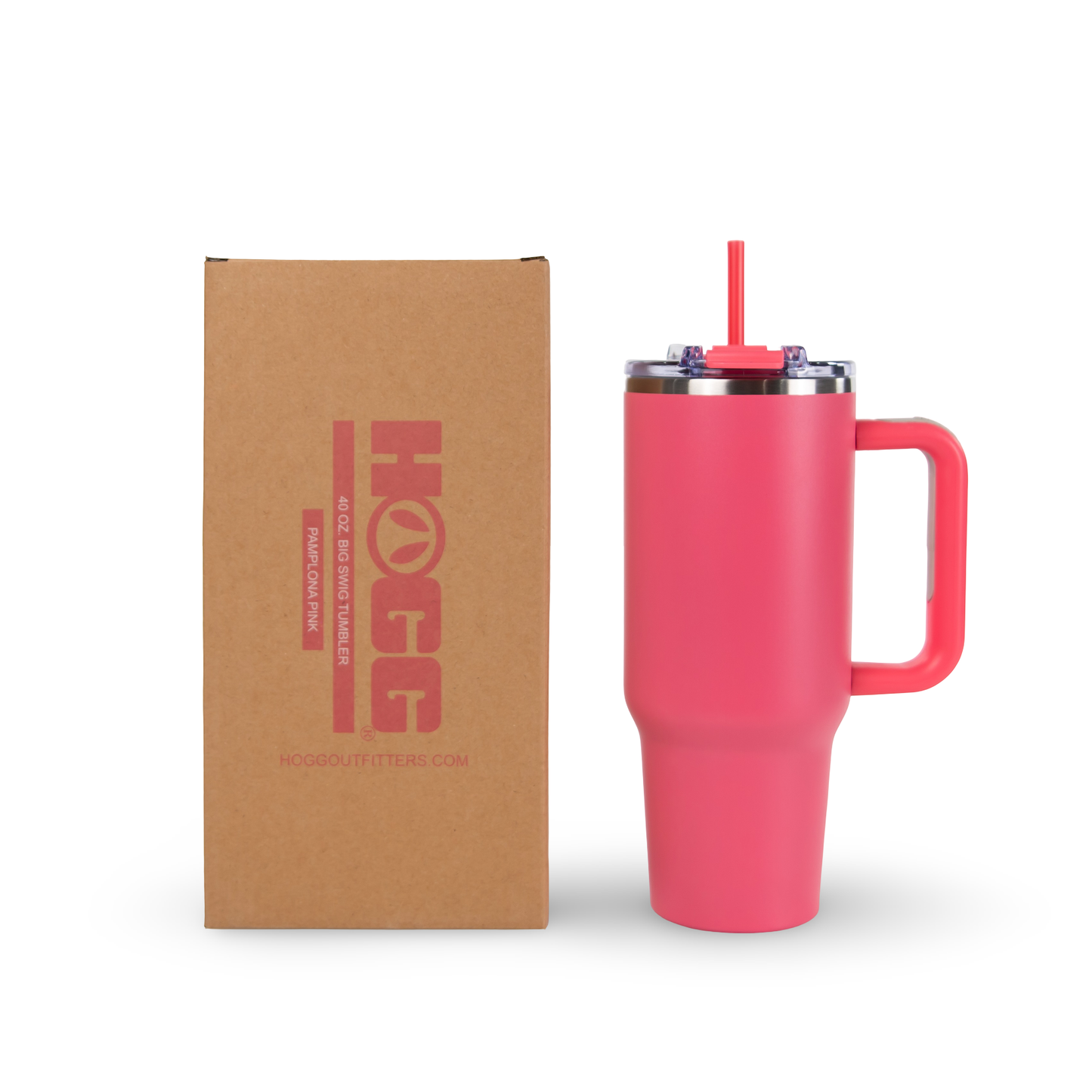 Pink travel mug with handle and straw next to a brown box with 'HOGG' branding on a white background