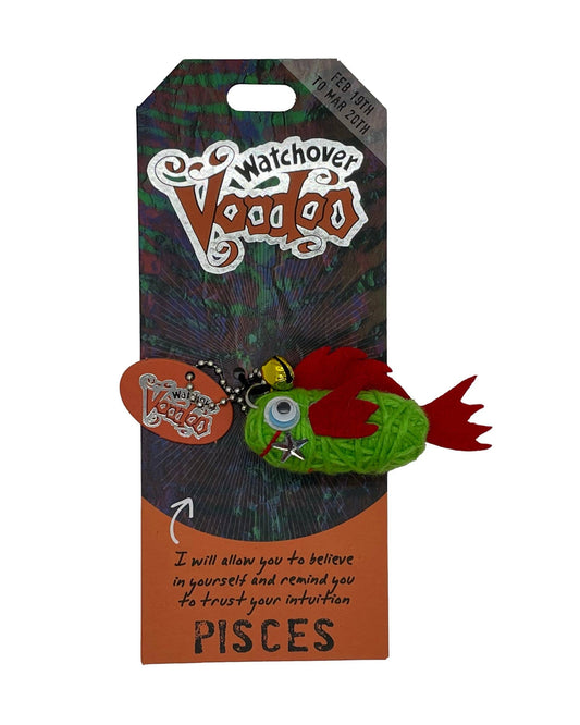 Pisces-themed decorative item with 'Watchover Voodoo' branding on a colorful packaging background.
