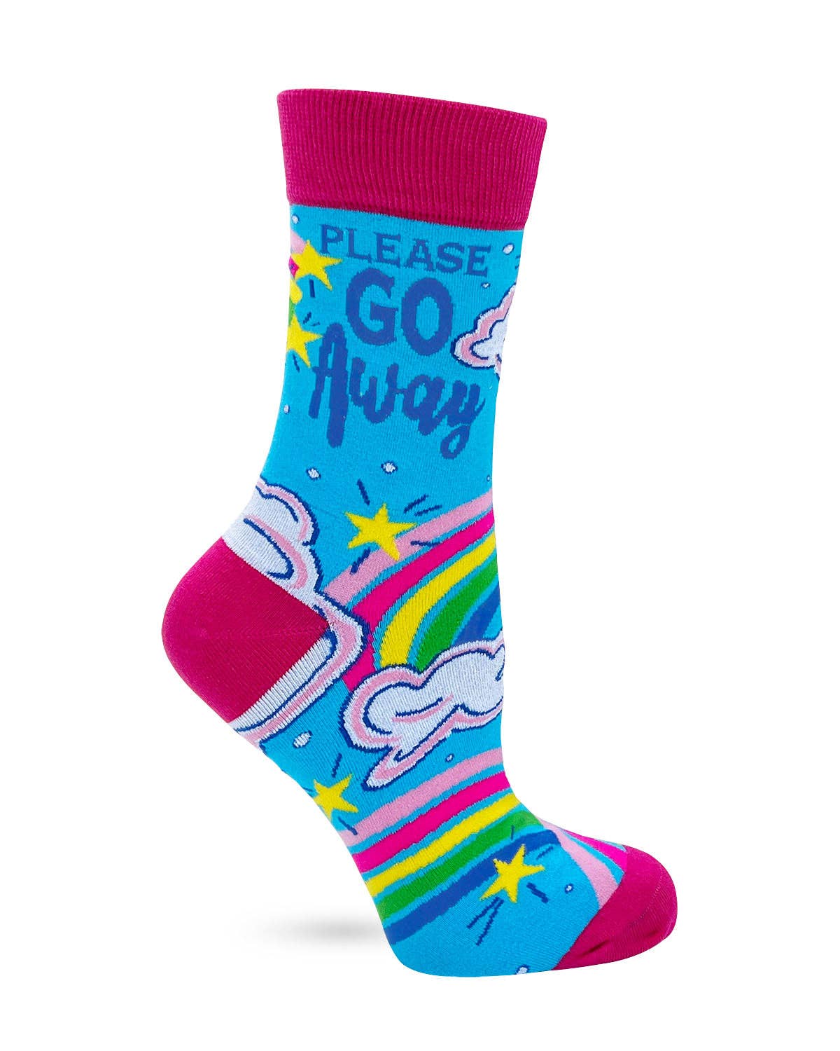 Colorful sock with 'Please Go Away' text on a white background