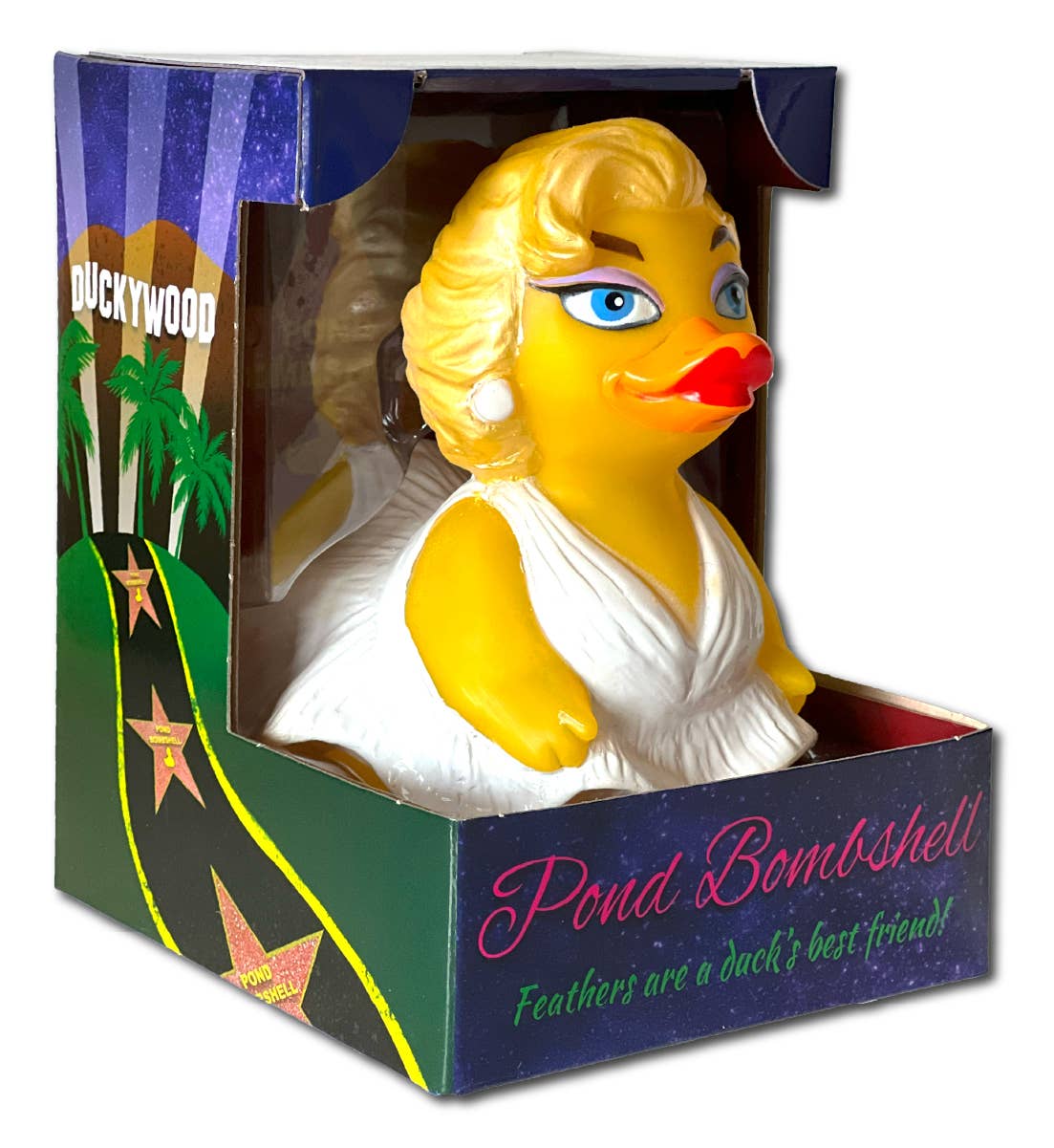 Rubber duck in a costume with packaging labeled 'Pond Bombshell' on a white background
