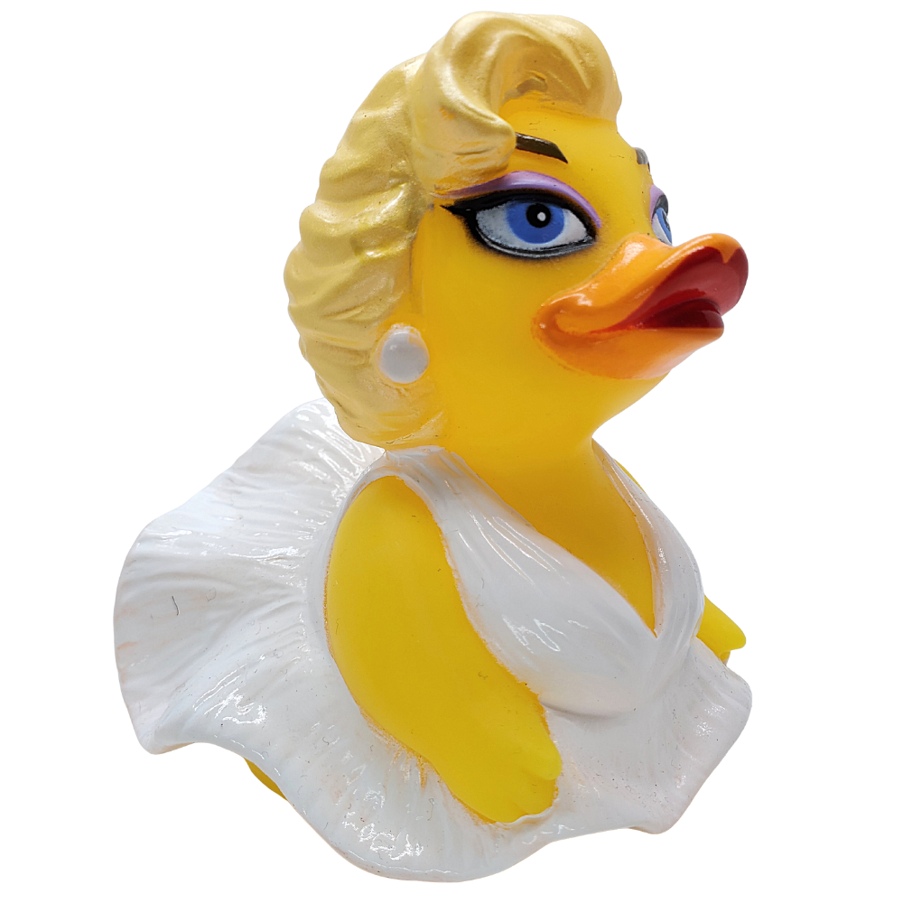 Yellow rubber duck with blonde hair and blue eyes wearing a white dress on a white background