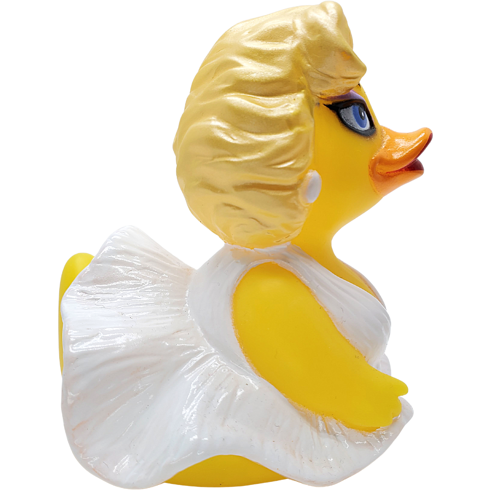 Rubber duck with blonde hair and a white dress on a white background