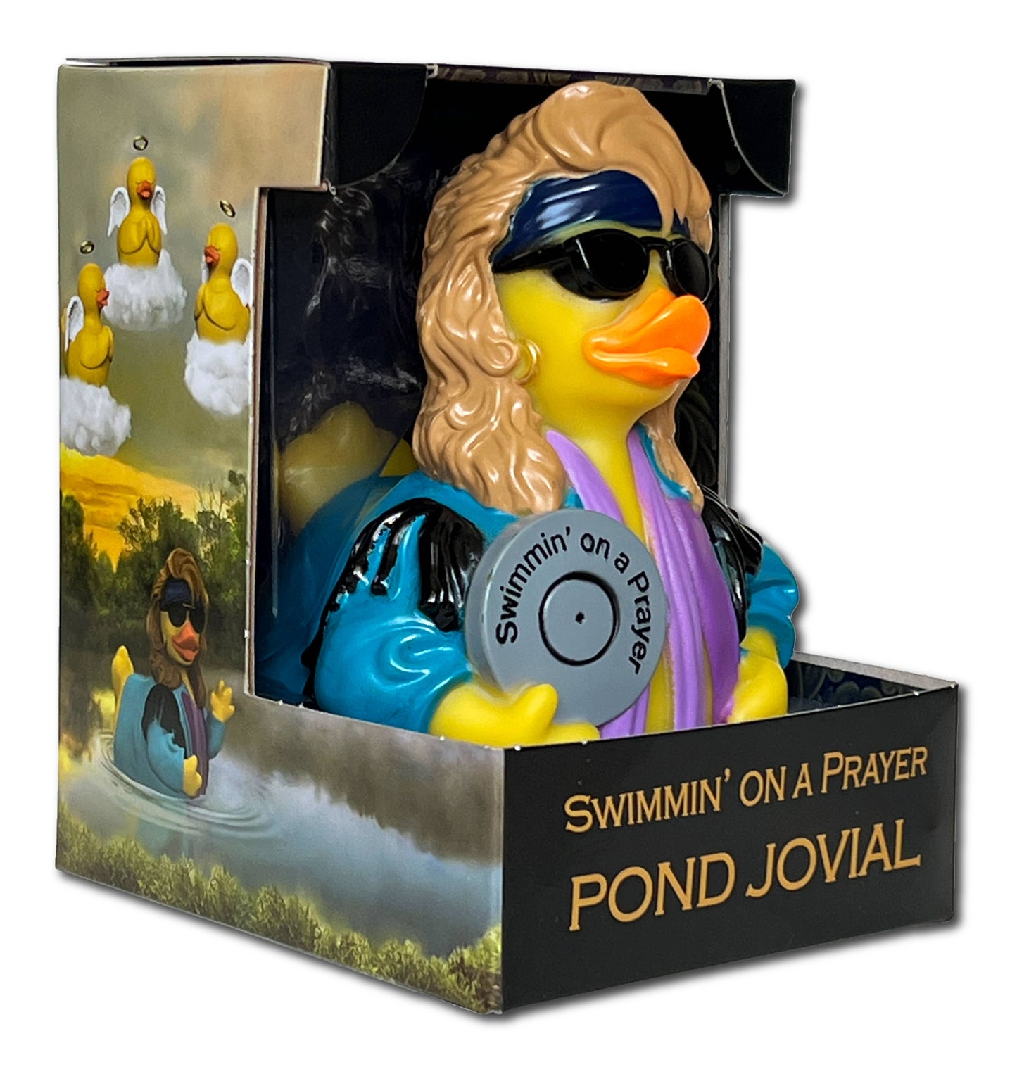 Rubber duck with sunglasses and a microphone in packaging, labeled 'Swimmin' on a Prayer Pond Jovial'.