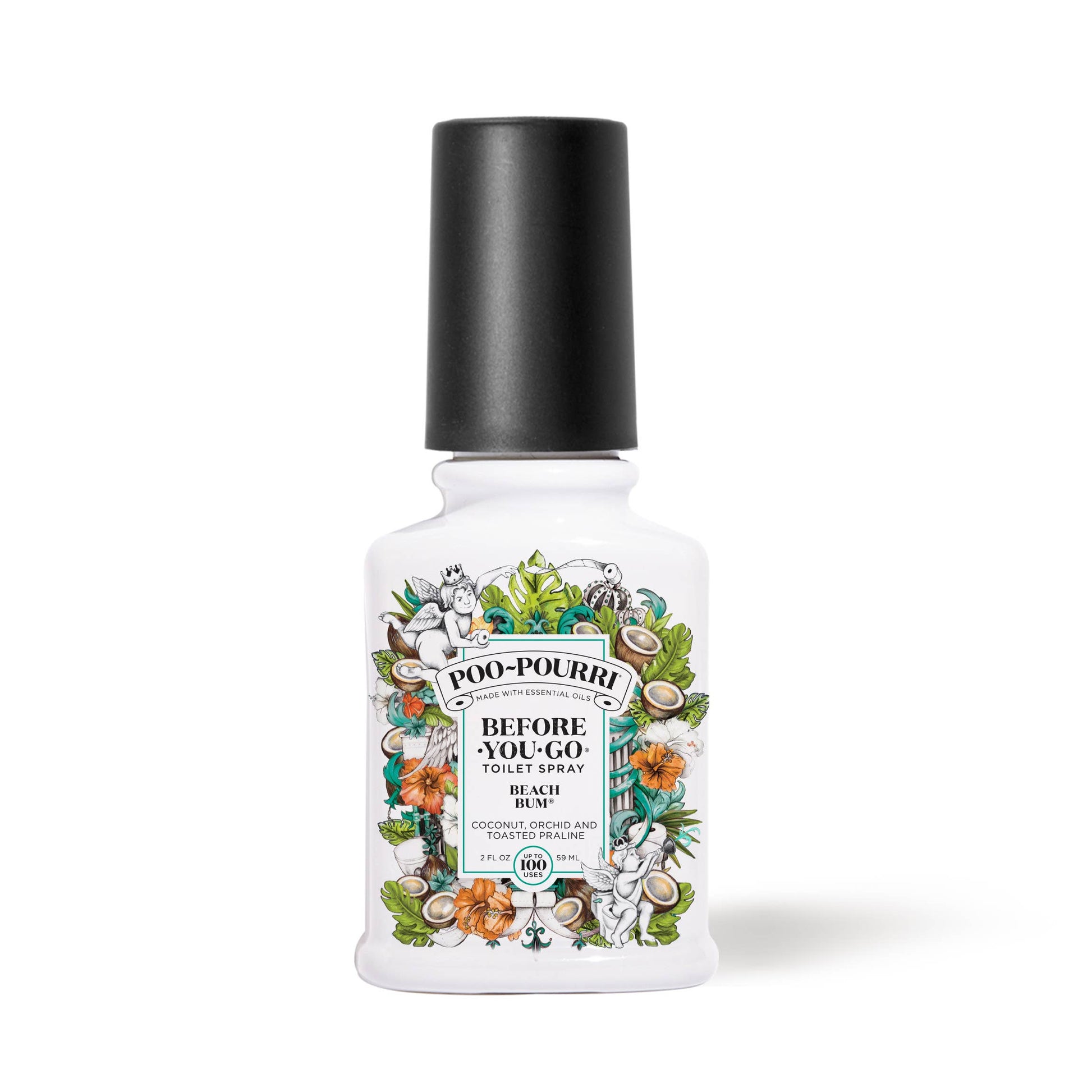 Poo-Pourri bottle with black cap on a white background