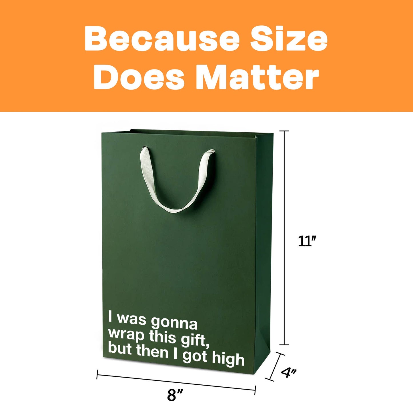 Green gift bag with text and measurements on an orange background