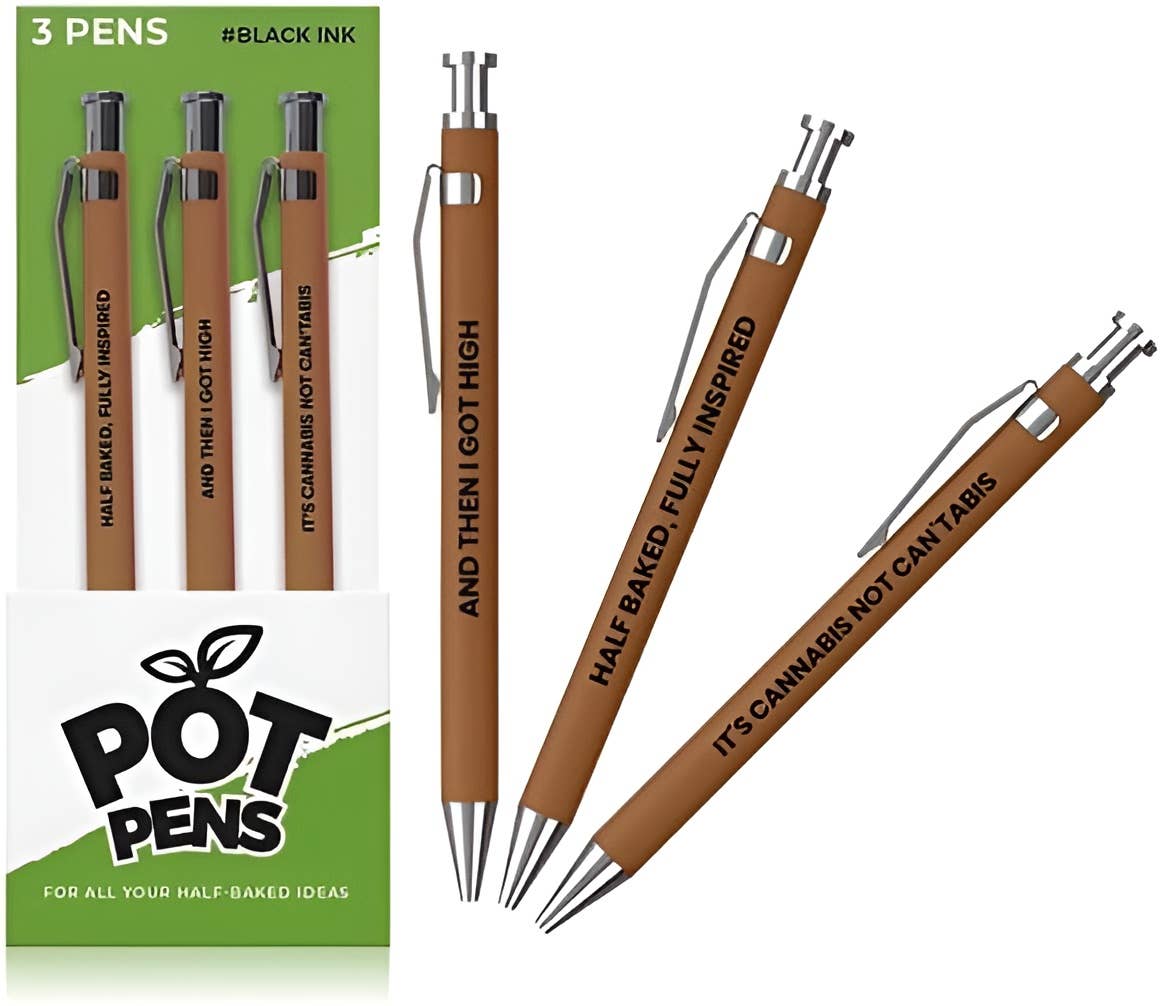 Brown pens with humorous text on a white background, next to a green box labeled 'POT Pens'.