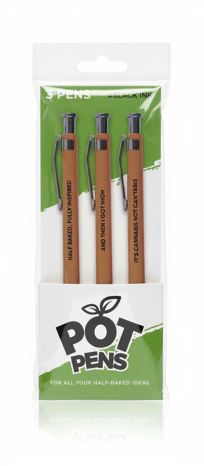Pack of Pot Pens with wooden design and 'POT PENS' branding on a white background