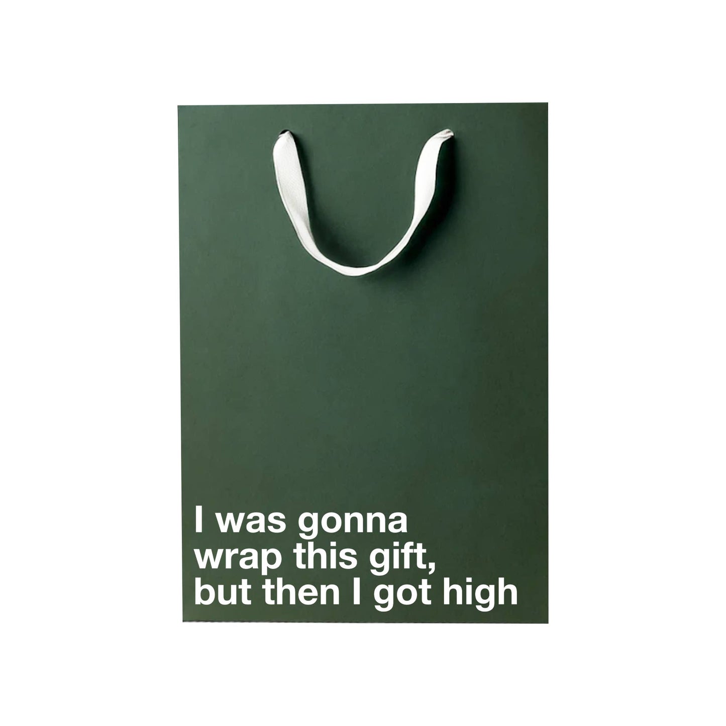 Green gift bag with white text on a white background