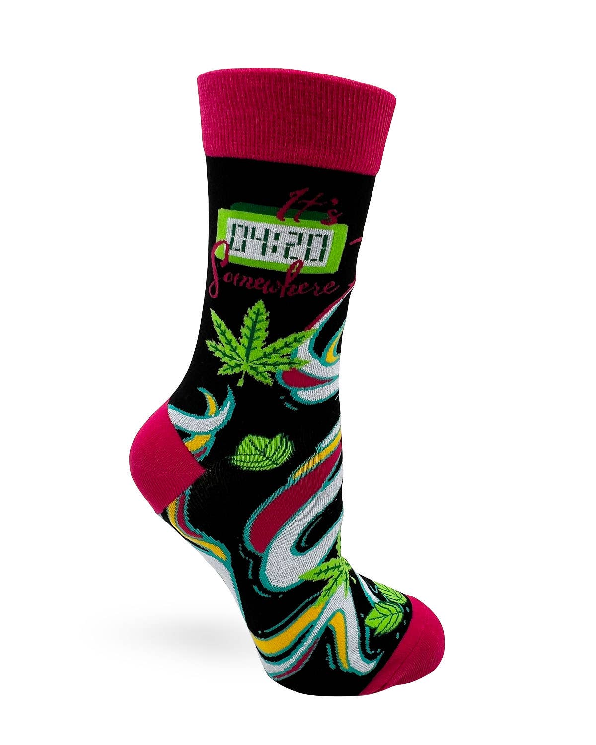 Colorful sock with abstract design and text on a white background