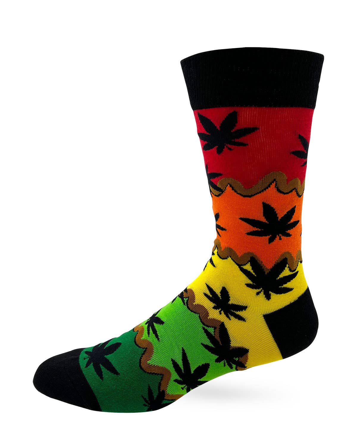 Colorful sock with black leaf pattern on a white background