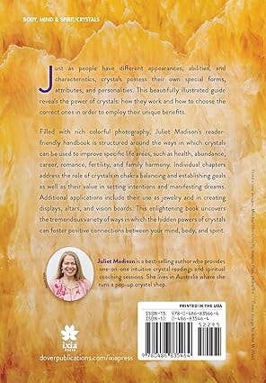Back cover of a book with a yellow textured background and text about crystals and their benefits.