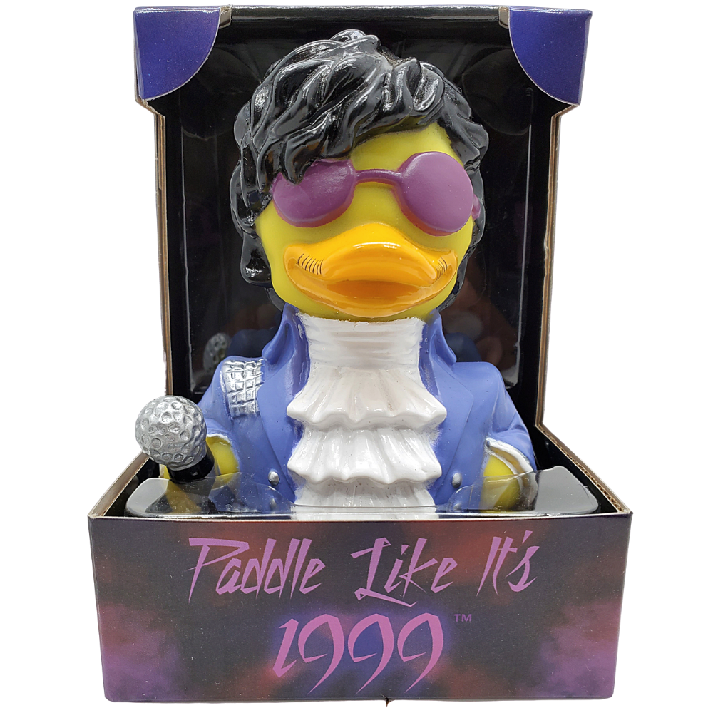 Decorative duck figure with sunglasses and microphone in a 'Paddle Like It's 1999' box.