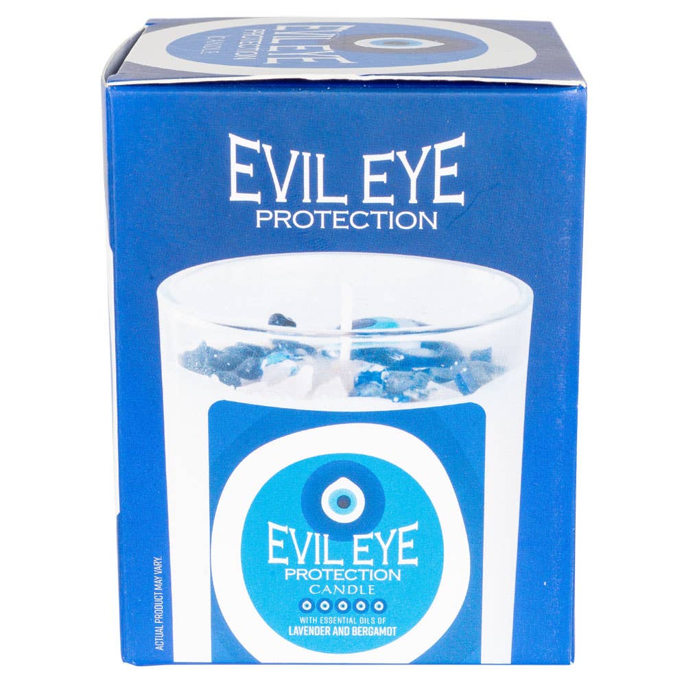 Candle packaging with 'Evil Eye Protection' text on a blue background