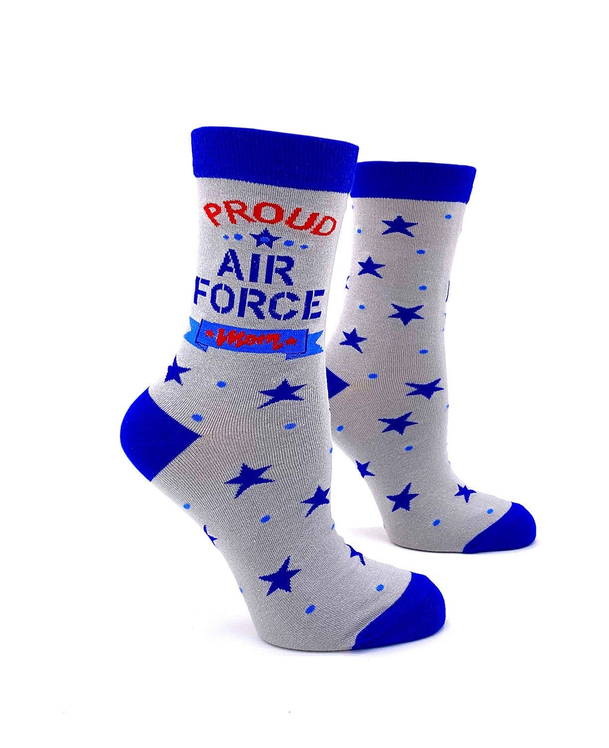 Gray socks with blue stars and 'Proud Air Force Mom' text on a white background