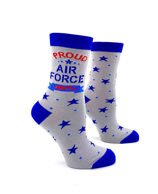 Gray socks with blue stars and 'Proud Air Force Mom' text on a white background
