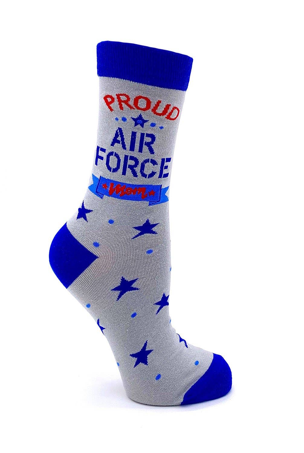 Gray sock with blue accents and 'Proud Air Force Mom' text on a white background