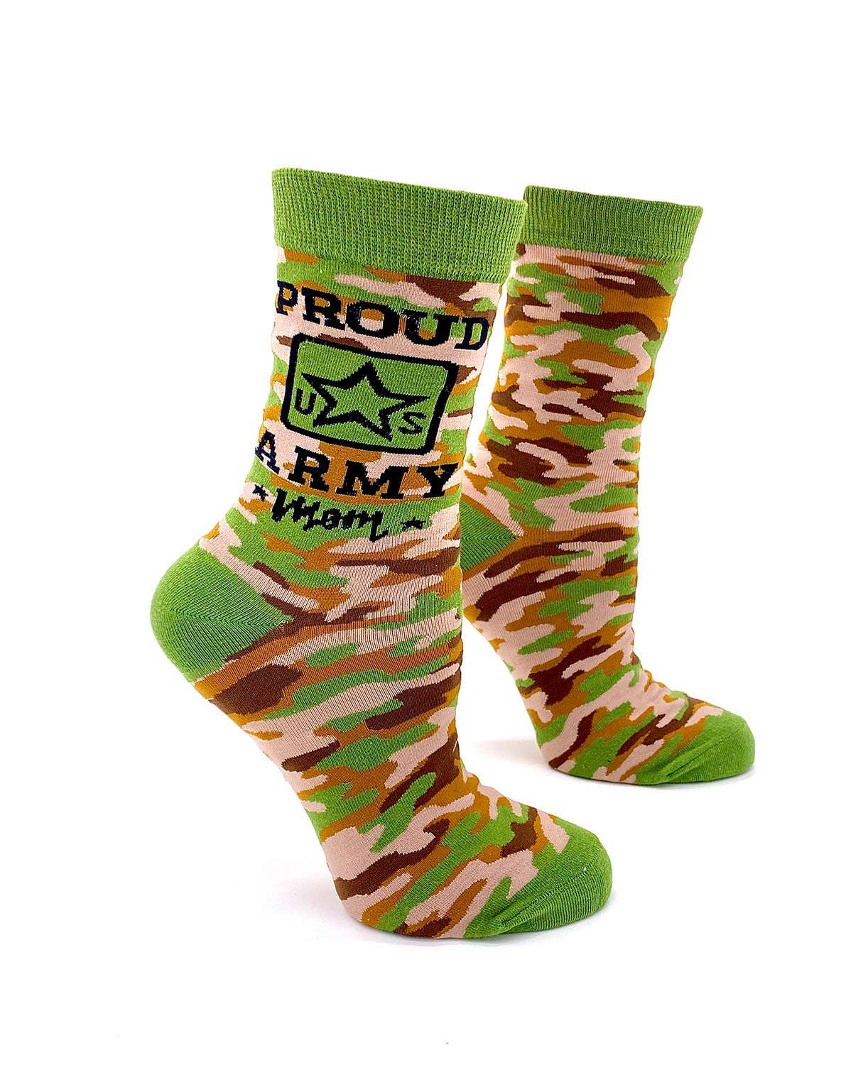 Camouflage socks with 'Proud Army Mom' text on a white background