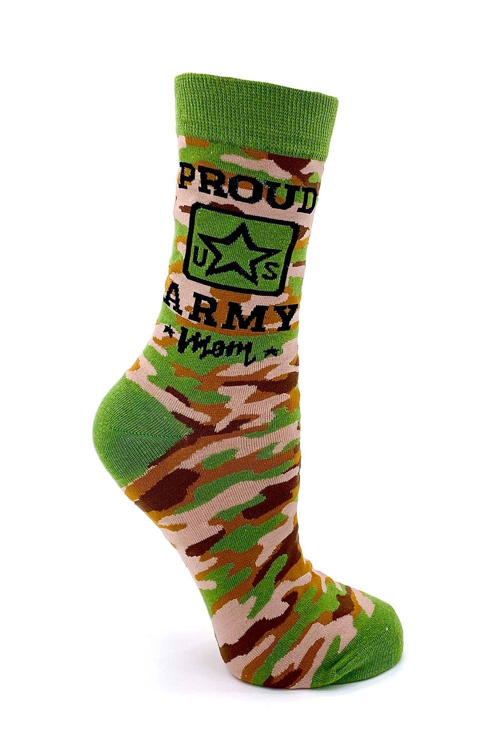 Camouflage sock with 'Proud Army Mom' text on a white background