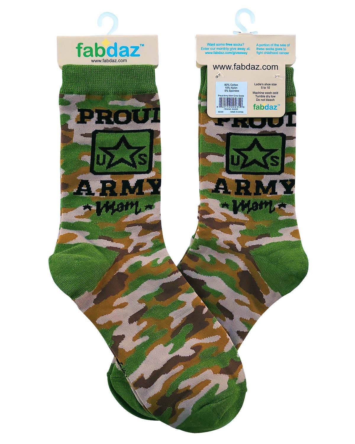 Camouflage socks with 'Proud Army Mom' text and Fabbaz branding on a white background
