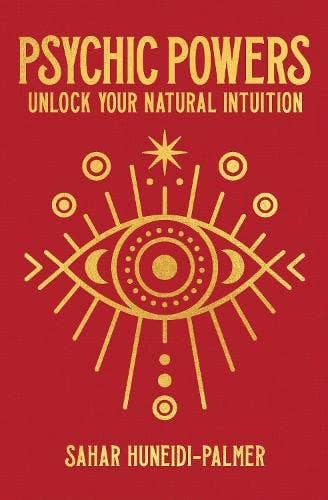 Book cover of 'Psychic Powers: Unlock Your Natural Intuition' with a red background and gold design.