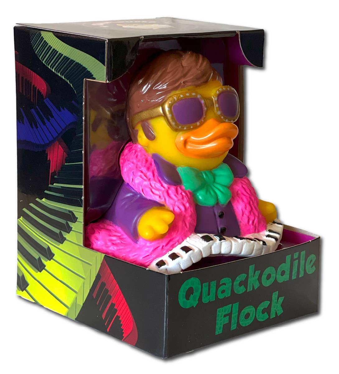 Colorful rubber duck toy with glasses and a suit in a box labeled 'Quackodile Flock'.
