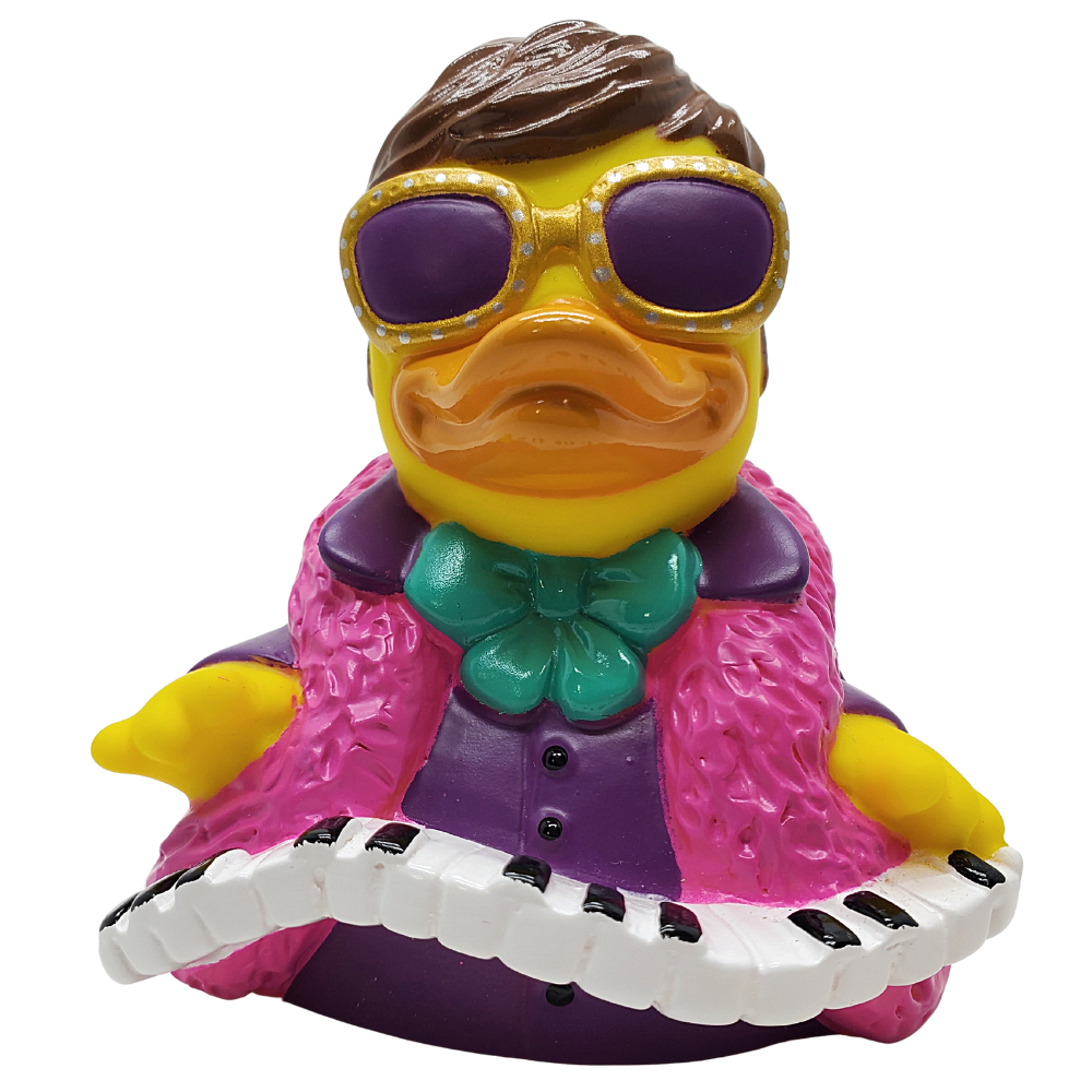 Colorful rubber duck with sunglasses, pink jacket, and keyboard toy on a white background