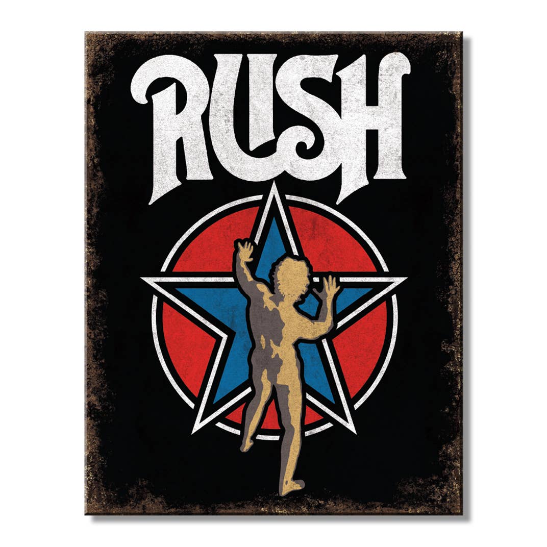 Rush band logo with a star and silhouette on a black background