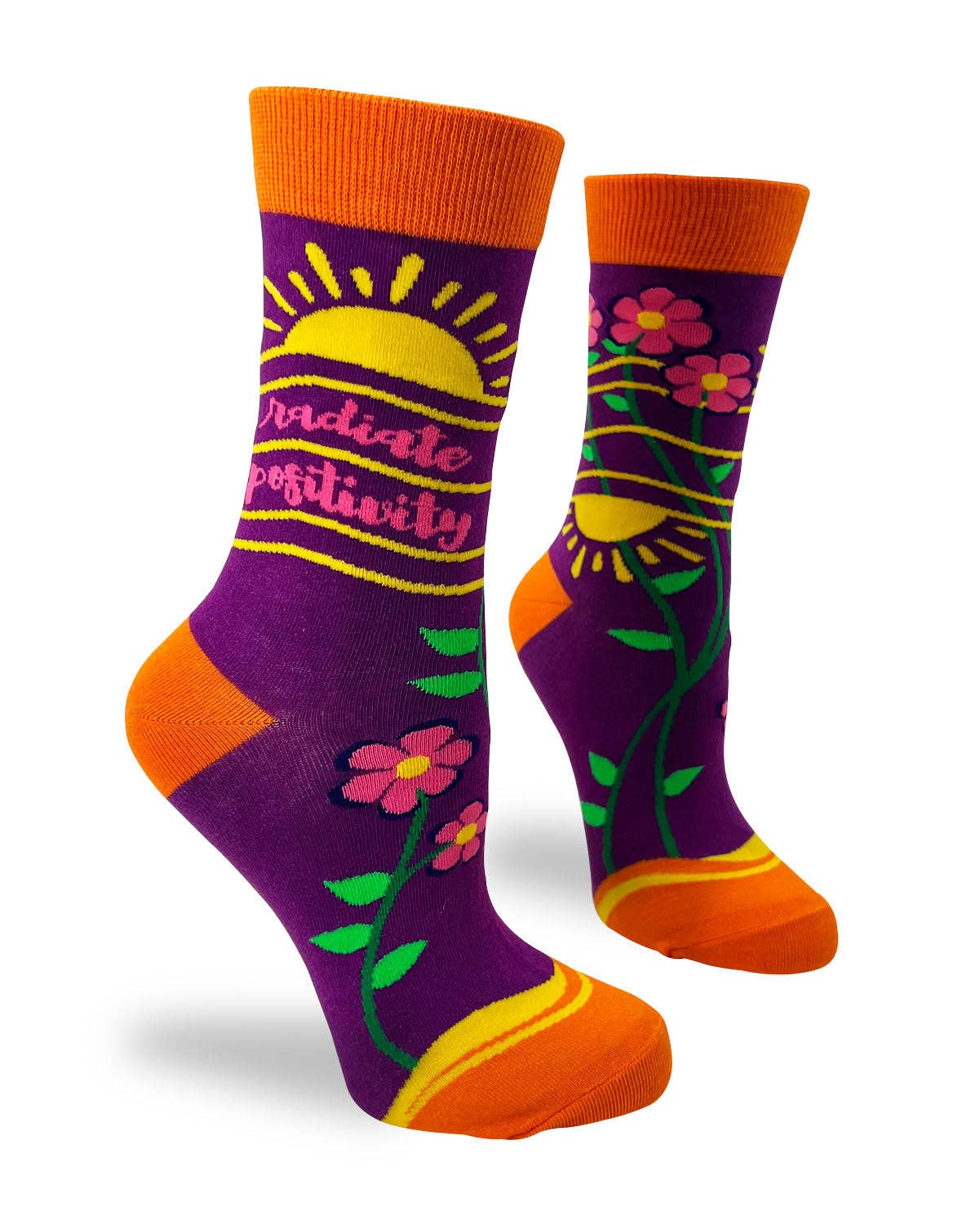 Colorful socks with floral design and 'radiate positivity' text on a white background